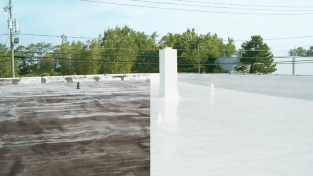 Gaco silicone roof coating applied to a flat roof by Cobblestone Construction, before and after