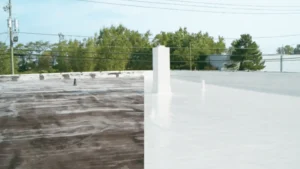 Gaco silicone roof coating applied to a flat roof by Cobblestone Construction, before and after